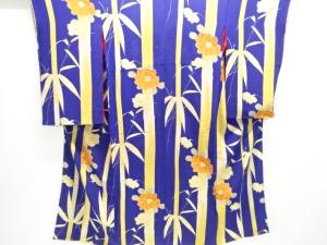 アンティーク　錦紗竹笹に椿模様着物